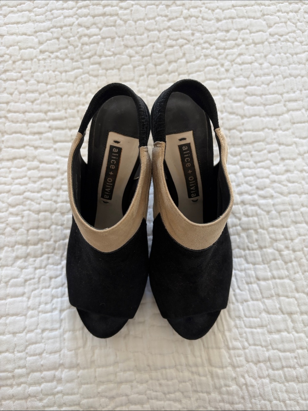 Alice + Olivia Black and Beige Suede Peep-Toe Slingback Mules